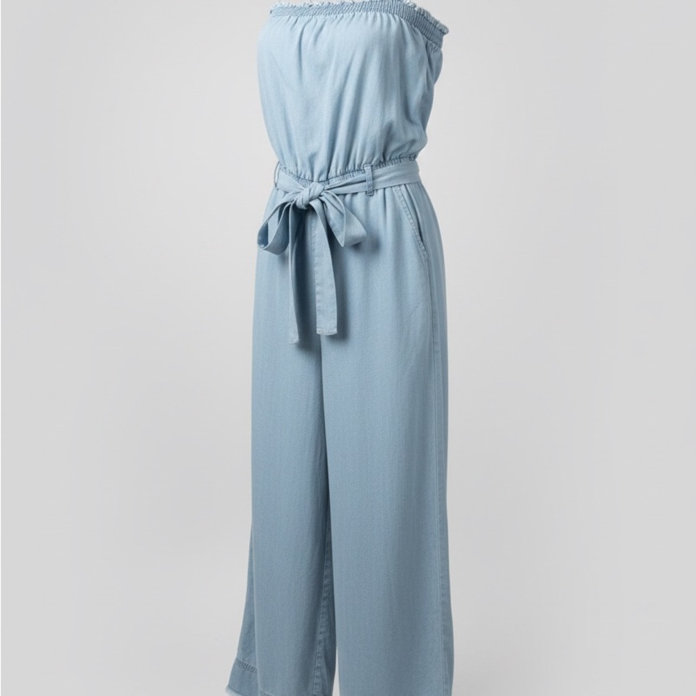 1250°C Women’s Light Blue Strapless Jumpsuit Tie Waist Pockets Size Small